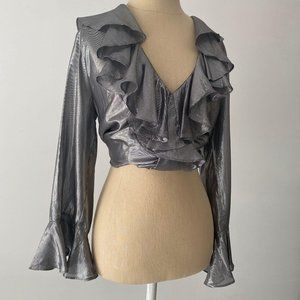 ILLIA Silver Gunmetal Sheer Ruffle Blouse M